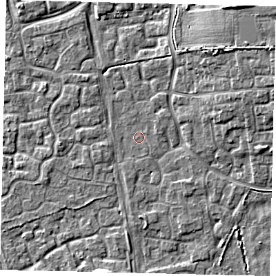 Shaded relief map of the ground around HU73HS, computed from Environment Agency LiDAR. The ground here sits at about 1 m above sea level and falls 9 m across the surrounding 800 m. Surface water reaching this point runs off ground lying to the north-east, 8.8 m higher.
