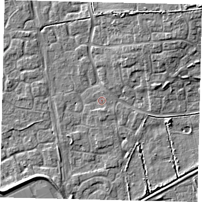 Shaded relief map of the ground around HU73HT, computed from Environment Agency LiDAR. The ground here sits at about 2 m above sea level and falls 11 m across the surrounding 800 m. Surface water reaching this point runs off ground lying to the south, 1.1 m higher.