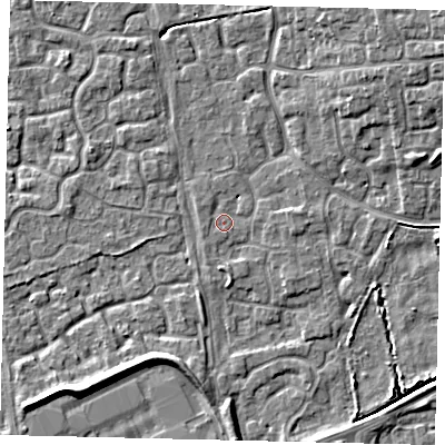 Shaded relief map of the ground around HU73HU, computed from Environment Agency LiDAR. The ground here sits at about 2 m above sea level and falls 7 m across the surrounding 800 m. Surface water reaching this point runs off ground lying to the east, 1.6 m higher.