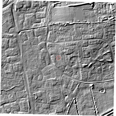 Shaded relief map of the ground around HU73HW, computed from Environment Agency LiDAR. The ground here sits at about 2 m above sea level and falls 12 m across the surrounding 800 m. Surface water reaching this point runs off ground lying to the north-east, 3.3 m higher.