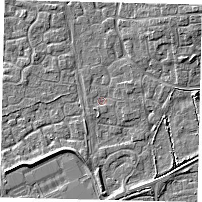 Shaded relief map of the ground around HU73HX, computed from Environment Agency LiDAR. The ground here sits at about 1 m above sea level and falls 7 m across the surrounding 800 m. Surface water reaching this point runs off ground lying to the east-north-east, 1.2 m higher.