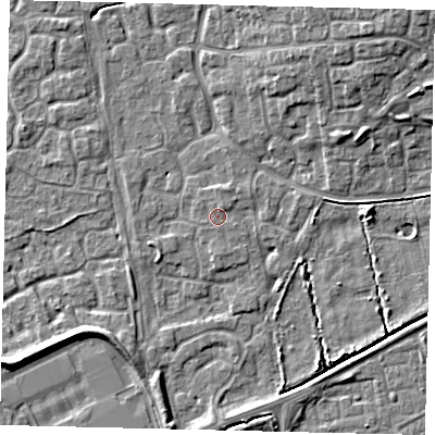 Shaded relief map of the ground around HU73HY, computed from Environment Agency LiDAR. The ground here sits at about 2 m above sea level and falls 7 m across the surrounding 800 m. Surface water reaching this point runs off ground lying to the north-north-east, 0.6 m higher.