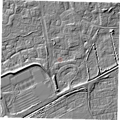 Shaded relief map of the ground around HU73HZ, computed from Environment Agency LiDAR. The ground here sits at about 1 m above sea level and falls 6 m across the surrounding 800 m. Surface water reaching this point runs off ground lying to the south-west, 1.4 m higher.