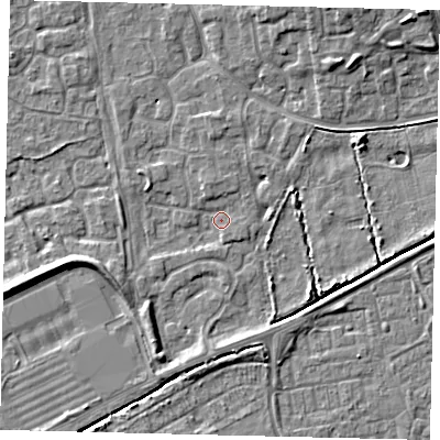 Shaded relief map of the ground around HU73JA, computed from Environment Agency LiDAR. The ground here sits at about 1 m above sea level and falls 6 m across the surrounding 800 m. Surface water reaching this point runs off ground lying to the west-south-west, 2.9 m higher.