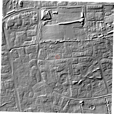 Shaded relief map of the ground around HU73JE, computed from Environment Agency LiDAR. The ground here sits at about 4 m above sea level and falls 12 m across the surrounding 800 m. Surface water reaching this point runs off ground lying to the north-east, 4.3 m higher.