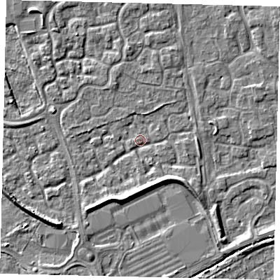 Shaded relief map of the ground around HU73JF, computed from Environment Agency LiDAR. The ground here sits at about 2 m above sea level and falls 6 m across the surrounding 800 m. Surface water reaching this point runs off ground lying to the south, 3.7 m higher.