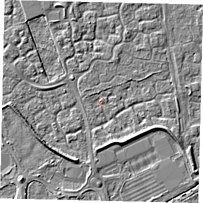 Shaded relief map of the ground around HU73JG, computed from Environment Agency LiDAR. The ground here sits at about 2 m above sea level and falls 5 m across the surrounding 800 m. Surface water reaching this point runs off ground lying to the south-south-east, 4.0 m higher.