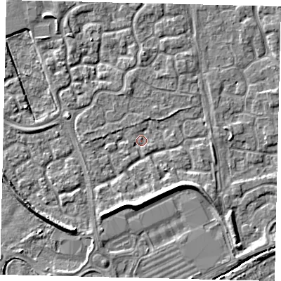 Shaded relief map of the ground around HU73JH, computed from Environment Agency LiDAR. The ground here sits at about 1 m above sea level and falls 6 m across the surrounding 800 m. Surface water reaching this point runs off ground lying to the north-north-west, 0.9 m higher.