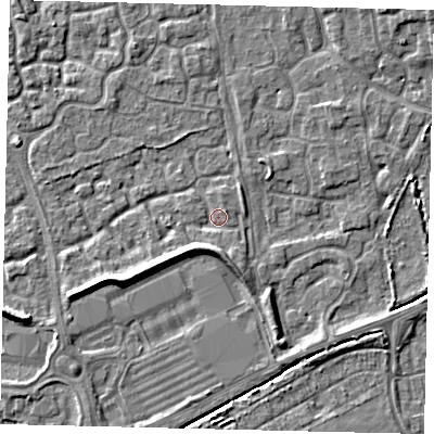 Shaded relief map of the ground around HU73JN, computed from Environment Agency LiDAR. The ground here sits at about 2 m above sea level and falls 6 m across the surrounding 800 m. Surface water reaching this point runs off ground lying to the south-west, 3.3 m higher.