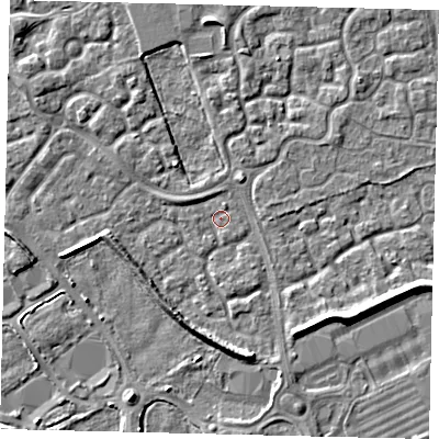 Shaded relief map of the ground around HU73JP, computed from Environment Agency LiDAR. The ground here sits at about 1 m above sea level and falls 5 m across the surrounding 800 m. Surface water reaching this point runs off ground lying to the south-east, 4.0 m higher.