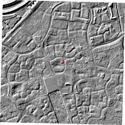 Shaded relief map of the ground around HU73JQ, computed from Environment Agency LiDAR. The ground here sits at about 2 m above sea level and falls 5 m across the surrounding 800 m. Surface water reaching this point runs off ground lying to the west, 1.5 m higher.