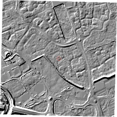 Shaded relief map of the ground around HU73JR, computed from Environment Agency LiDAR. The ground here sits at about 1 m above sea level and falls 6 m across the surrounding 800 m. Surface water reaching this point runs off ground lying to the east-south-east, 3.9 m higher.