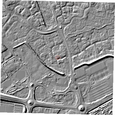 Shaded relief map of the ground around HU73JS, computed from Environment Agency LiDAR. The ground here sits at about 2 m above sea level and falls 6 m across the surrounding 800 m. Surface water reaching this point runs off ground lying to the east-south-east, 3.6 m higher.