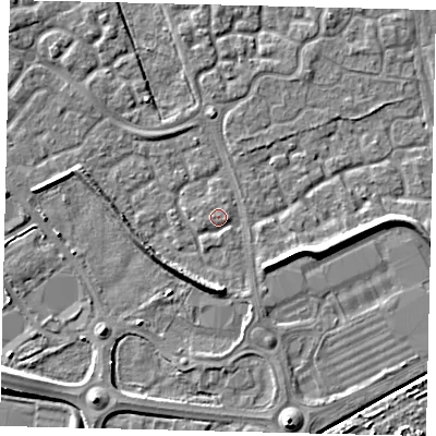 Shaded relief map of the ground around HU73JW, computed from Environment Agency LiDAR. The ground here sits at about 2 m above sea level and falls 6 m across the surrounding 800 m. Surface water reaching this point runs off ground lying to the east-south-east, 3.6 m higher.