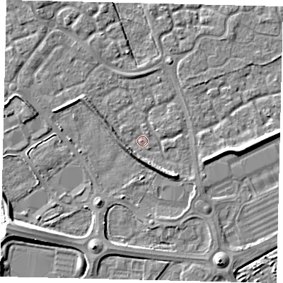 Shaded relief map of the ground around HU73JX, computed from Environment Agency LiDAR. The ground here sits at about 1 m above sea level and falls 7 m across the surrounding 800 m. Surface water reaching this point runs off ground lying to the east, 3.9 m higher.