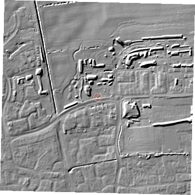 Shaded relief map of the ground around HU73JZ, computed from Environment Agency LiDAR. The ground here sits at about 2 m above sea level and falls 12 m across the surrounding 800 m. Surface water reaching this point runs off ground lying to the east-south-east, 10.1 m higher.