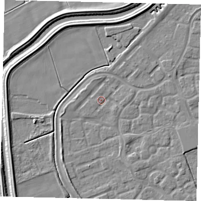 Shaded relief map of the ground around HU73LB, computed from Environment Agency LiDAR. The ground here sits at about 2 m above sea level and falls 5 m across the surrounding 800 m. Surface water reaching this point runs off ground lying to the south-west, 1.4 m higher.