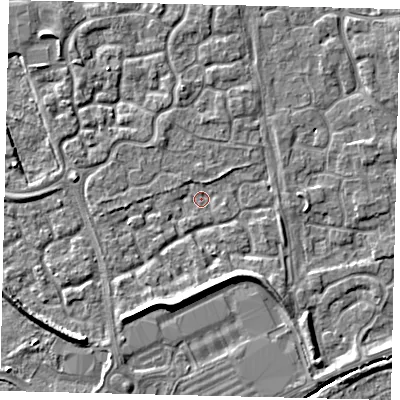 Shaded relief map of the ground around HU73LD, computed from Environment Agency LiDAR. The ground here sits at about 1 m above sea level and falls 6 m across the surrounding 800 m. Surface water reaching this point runs off ground lying to the east-south-east, 1.4 m higher.