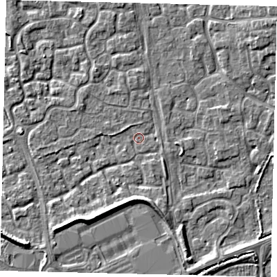 Shaded relief map of the ground around HU73LE, computed from Environment Agency LiDAR. The ground here sits at about 1 m above sea level and falls 6 m across the surrounding 800 m. Surface water reaching this point runs off ground lying to the south-east, 1.3 m higher.