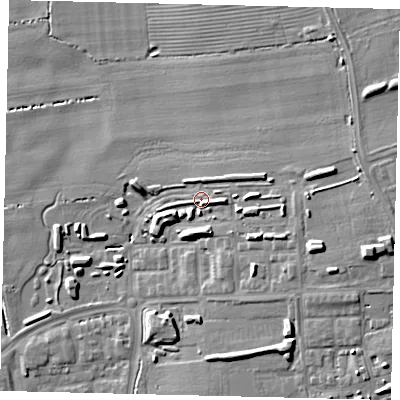 Shaded relief map of the ground around HU73LG, computed from Environment Agency LiDAR. The ground here sits at about 6 m above sea level and falls 16 m across the surrounding 800 m. Surface water reaching this point runs off ground lying to the east-north-east, 7.9 m higher.