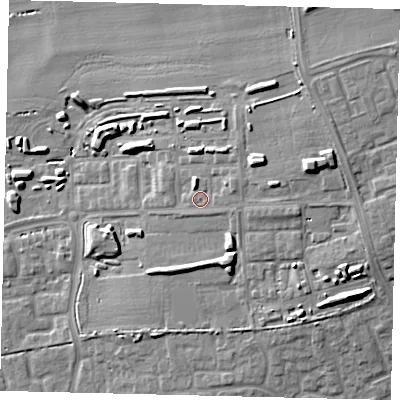 Shaded relief map of the ground around HU73LH, computed from Environment Agency LiDAR. The ground here sits at about 8 m above sea level and falls 16 m across the surrounding 800 m. Surface water reaching this point runs off ground lying to the east-north-east, 7.9 m higher.