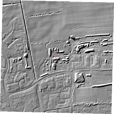 Shaded relief map of the ground around HU73LJ, computed from Environment Agency LiDAR. The ground here sits at about 2 m above sea level and falls 12 m across the surrounding 800 m. Surface water reaching this point runs off ground lying to the east, 11.5 m higher.