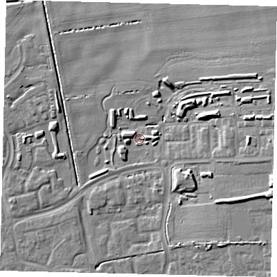 Shaded relief map of the ground around HU73LL, computed from Environment Agency LiDAR. The ground here sits at about 2 m above sea level and falls 12 m across the surrounding 800 m. Surface water reaching this point runs off ground lying to the east, 4.3 m higher.