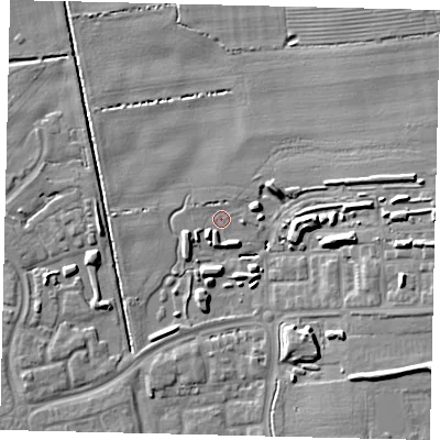 Shaded relief map of the ground around HU73LZ, computed from Environment Agency LiDAR. The ground here sits at about 2 m above sea level and falls 12 m across the surrounding 800 m. Surface water reaching this point runs off ground lying to the east-north-east, 4.2 m higher.
