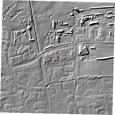 Shaded relief map of the ground around HU73NA, computed from Environment Agency LiDAR. The ground here sits at about 2 m above sea level and falls 12 m across the surrounding 800 m. Surface water reaching this point runs off ground lying to the west, 0.8 m higher.