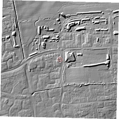 Shaded relief map of the ground around HU73ND, computed from Environment Agency LiDAR. The ground here sits at about 3 m above sea level and falls 14 m across the surrounding 800 m. Surface water reaching this point runs off ground lying to the north-west, 1.0 m higher.