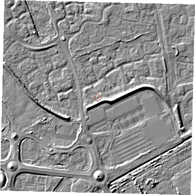 Shaded relief map of the ground around HU73NE, computed from Environment Agency LiDAR. The ground here sits at about 2 m above sea level and falls 6 m across the surrounding 800 m. Surface water reaching this point runs off ground lying to the south, 3.2 m higher.