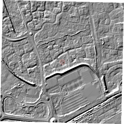 Shaded relief map of the ground around HU73NF, computed from Environment Agency LiDAR. The ground here sits at about 2 m above sea level and falls 6 m across the surrounding 800 m. Surface water reaching this point runs off ground lying to the south-south-east, 3.8 m higher.