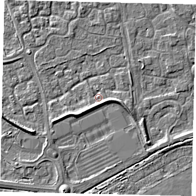 Shaded relief map of the ground around HU73NG, computed from Environment Agency LiDAR. The ground here sits at about 2 m above sea level and falls 6 m across the surrounding 800 m. Surface water reaching this point runs off ground lying to the south-south-west, 3.5 m higher.