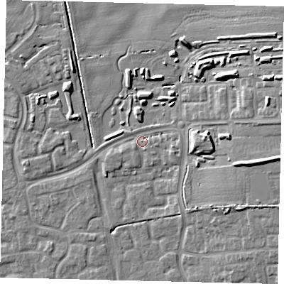 Shaded relief map of the ground around HU73NH, computed from Environment Agency LiDAR. The ground here sits at about 2 m above sea level and falls 12 m across the surrounding 800 m. Surface water reaching this point runs off ground lying to the east, 2.2 m higher.