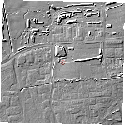 Shaded relief map of the ground around HU73NQ, computed from Environment Agency LiDAR. The ground here sits at about 4 m above sea level and falls 15 m across the surrounding 800 m. Surface water reaching this point runs off ground lying to the east, 6.4 m higher.