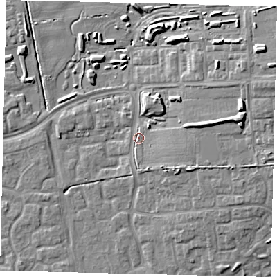 Shaded relief map of the ground around HU73NR, computed from Environment Agency LiDAR. The ground here sits at about 3 m above sea level and falls 14 m across the surrounding 800 m. Surface water reaching this point runs off ground lying to the east, 3.8 m higher.