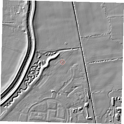 Shaded relief map of the ground around HU73NT, computed from Environment Agency LiDAR. The ground here sits at about 2 m above sea level and falls 5 m across the surrounding 800 m. Surface water reaching this point runs off ground lying to the west, 3.1 m higher.