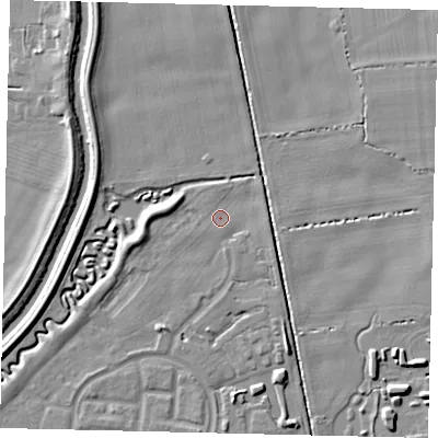 Shaded relief map of the ground around HU73NW, computed from Environment Agency LiDAR. The ground here sits at about 2 m above sea level and falls 5 m across the surrounding 800 m. Surface water reaching this point runs off ground lying to the west-south-west, 3.1 m higher.