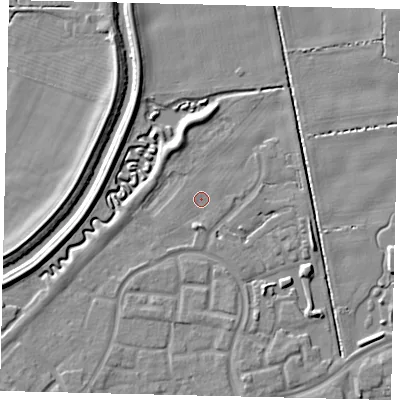 Shaded relief map of the ground around HU73NX, computed from Environment Agency LiDAR. The ground here sits at about 2 m above sea level and falls 5 m across the surrounding 800 m. Surface water reaching this point runs off ground lying to the south, 2.3 m higher.
