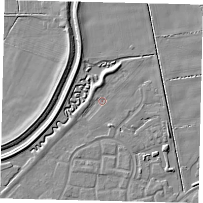 Shaded relief map of the ground around HU73NY, computed from Environment Agency LiDAR. The ground here sits at about 2 m above sea level and falls 5 m across the surrounding 800 m. Surface water reaching this point runs off ground lying to the north-north-west, 3.4 m higher.