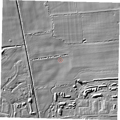 Shaded relief map of the ground around HU73PU, computed from Environment Agency LiDAR. The ground here sits at about 2 m above sea level and falls 12 m across the surrounding 800 m. Surface water reaching this point runs off ground lying to the east-north-east, 7.1 m higher.