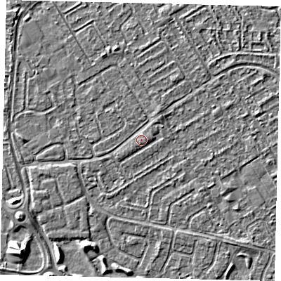 Shaded relief map of the ground around HU74AA, computed from Environment Agency LiDAR. The ground here sits at about 2 m above sea level and falls 4 m across the surrounding 800 m. Surface water reaching this point runs off ground lying to the east, 0.7 m higher.