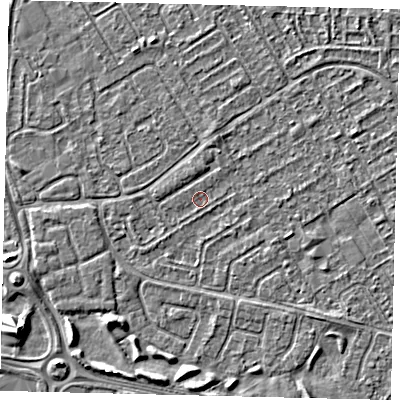 Shaded relief map of the ground around HU74AB, computed from Environment Agency LiDAR. The ground here sits at about 2 m above sea level and falls 4 m across the surrounding 800 m. Surface water reaching this point runs off ground lying to the west-south-west, 1.4 m higher.