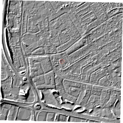 Shaded relief map of the ground around HU74AD, computed from Environment Agency LiDAR. The ground here sits at about 2 m above sea level and falls 5 m across the surrounding 800 m. Surface water reaching this point runs off ground lying to the west-south-west, 1.4 m higher.