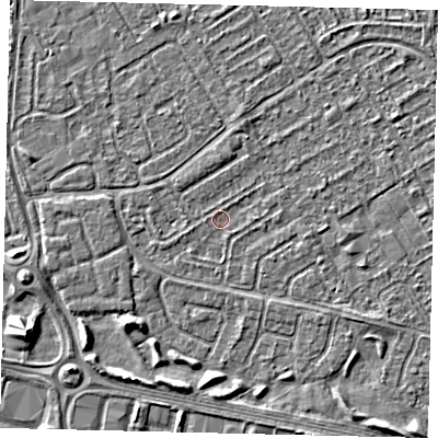 Shaded relief map of the ground around HU74AE, computed from Environment Agency LiDAR. The ground here sits at about 2 m above sea level and falls 4 m across the surrounding 800 m. Surface water reaching this point runs off ground lying to the south-west, 0.7 m higher.
