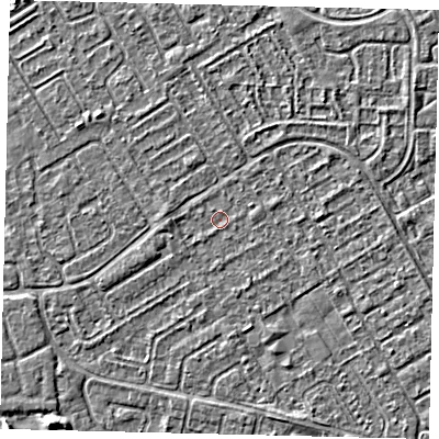 Shaded relief map of the ground around HU74AG, computed from Environment Agency LiDAR. The ground here sits at about 2 m above sea level and falls 3 m across the surrounding 800 m. Surface water reaching this point runs off ground lying to the east-north-east, 0.5 m higher.