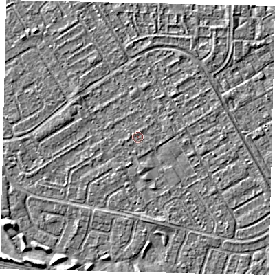Shaded relief map of the ground around HU74AH, computed from Environment Agency LiDAR. The ground here sits at about 2 m above sea level and falls 3 m across the surrounding 800 m. Surface water reaching this point runs off ground lying to the south-south-west, 0.6 m higher.