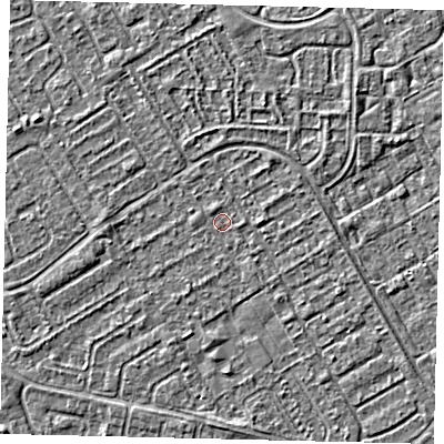 Shaded relief map of the ground around HU74AJ, computed from Environment Agency LiDAR. The ground here sits at about 2 m above sea level and falls 2 m across the surrounding 800 m. Surface water reaching this point runs off ground lying to the south-south-west, 0.6 m higher.