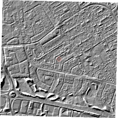 Shaded relief map of the ground around HU74AL, computed from Environment Agency LiDAR. The ground here sits at about 2 m above sea level and falls 3 m across the surrounding 800 m. Surface water reaching this point runs off ground lying to the west, 1.4 m higher.