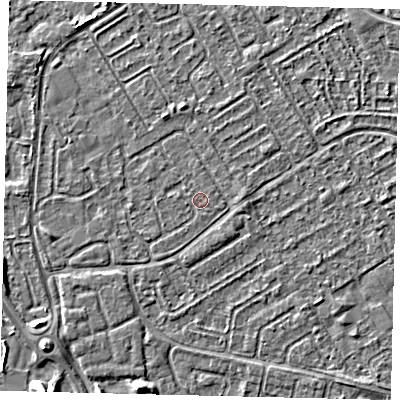 Shaded relief map of the ground around HU74AT, computed from Environment Agency LiDAR. The ground here sits at about 2 m above sea level and falls 3 m across the surrounding 800 m. The ground contributing surface water to this point lies to the north-east.